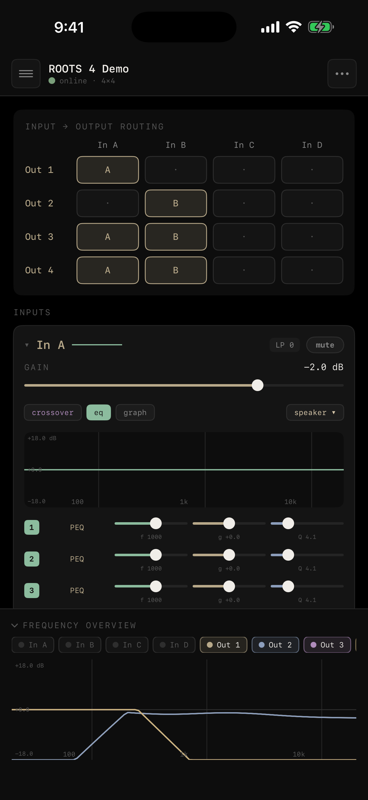 Preview of XSCACE Studio on iPhone showing the parametric EQ editor for a Root 4 input, with frequency, gain and Q sliders for three PEQ bands beneath a live response graph.
