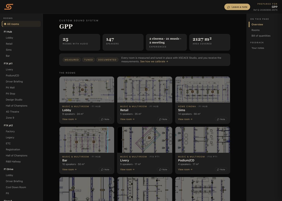 The client view of the Grand Prix Plaza project in the XSCACE Floorplan Sound Simulation, with every room laid over the venue's own architectural drawings