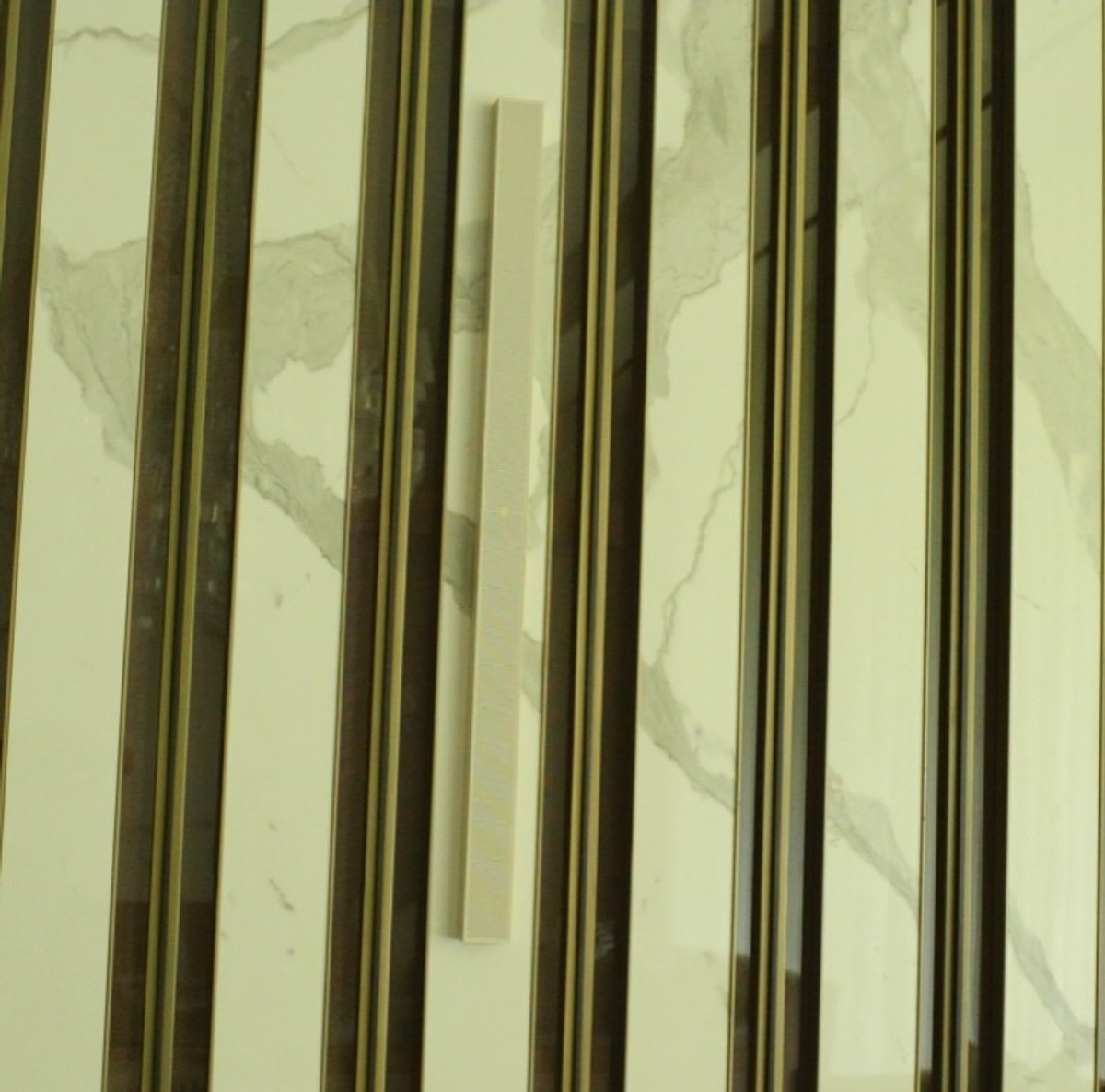 XSCACE QuadCane speaker blended into vertical brass fluted trim on a marble feature wall