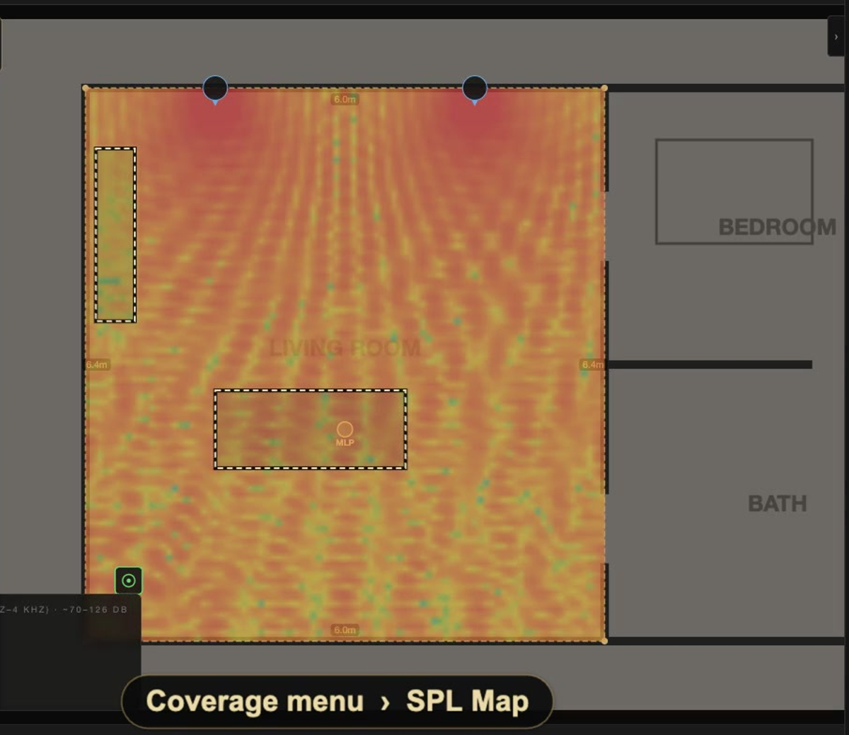 SPL coverage map in the XSCACE Floorplan Sound Simulation showing predicted sound pressure level across a traced living room zone with the main listening position marked