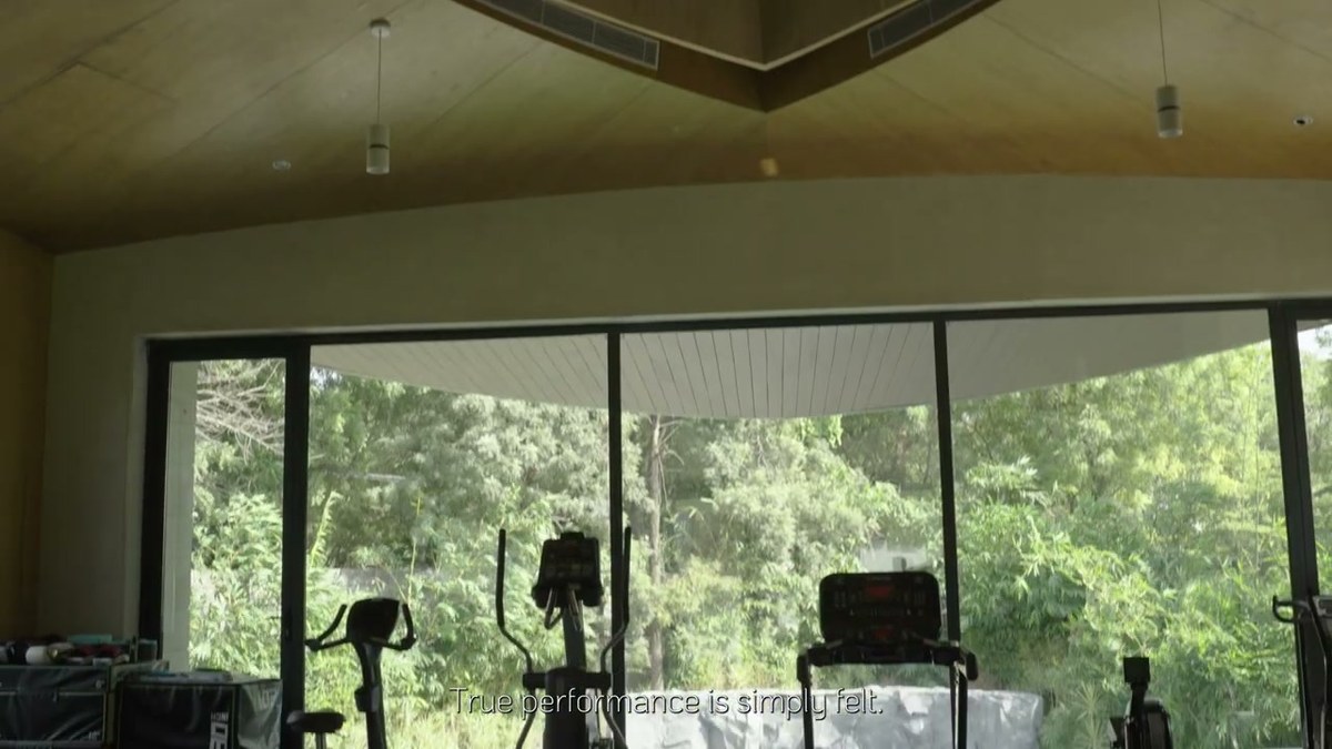 The gym in curved oak panelling, glazed to the garden, with slim in-wall speakers between the panels