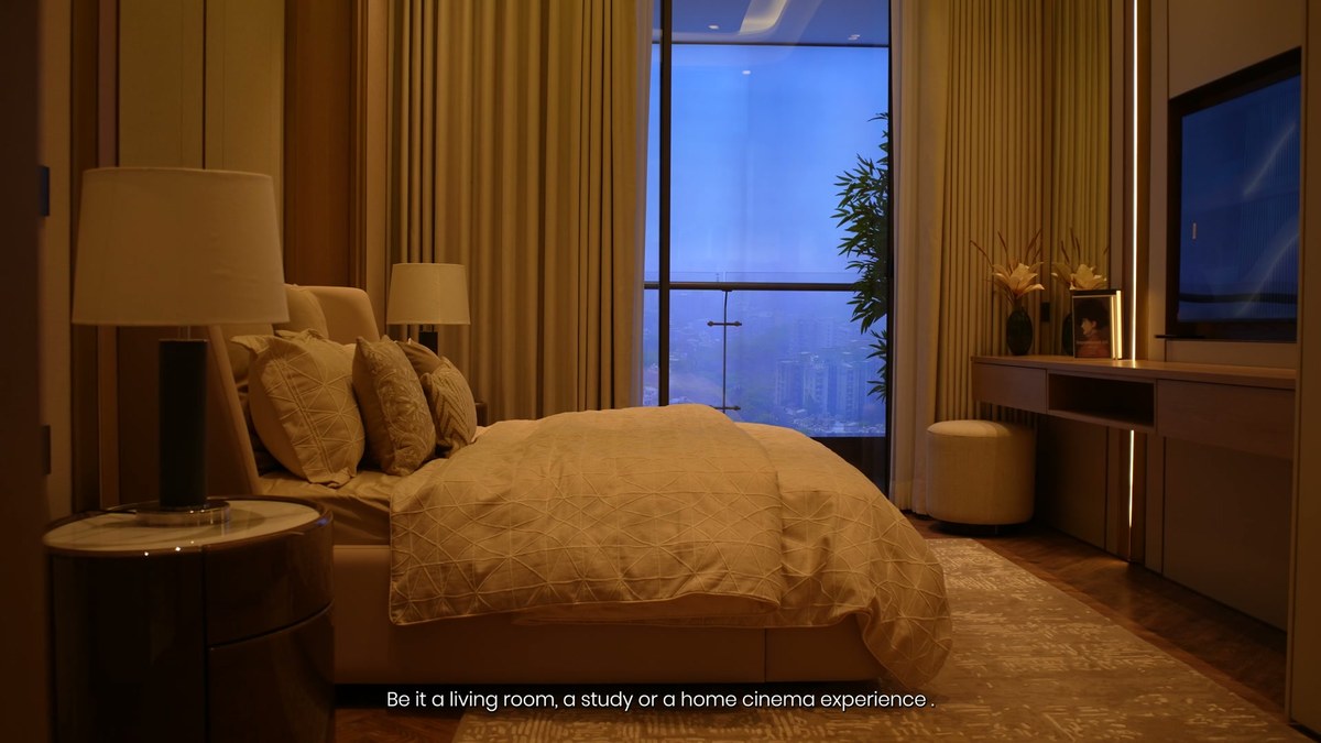 The bedroom at Trevoc Royal Residences with a curtained window wall and panelled walls