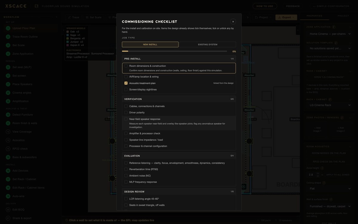 The on-site commissioning checklist exported from XSCACE Floorplan Sound Simulation