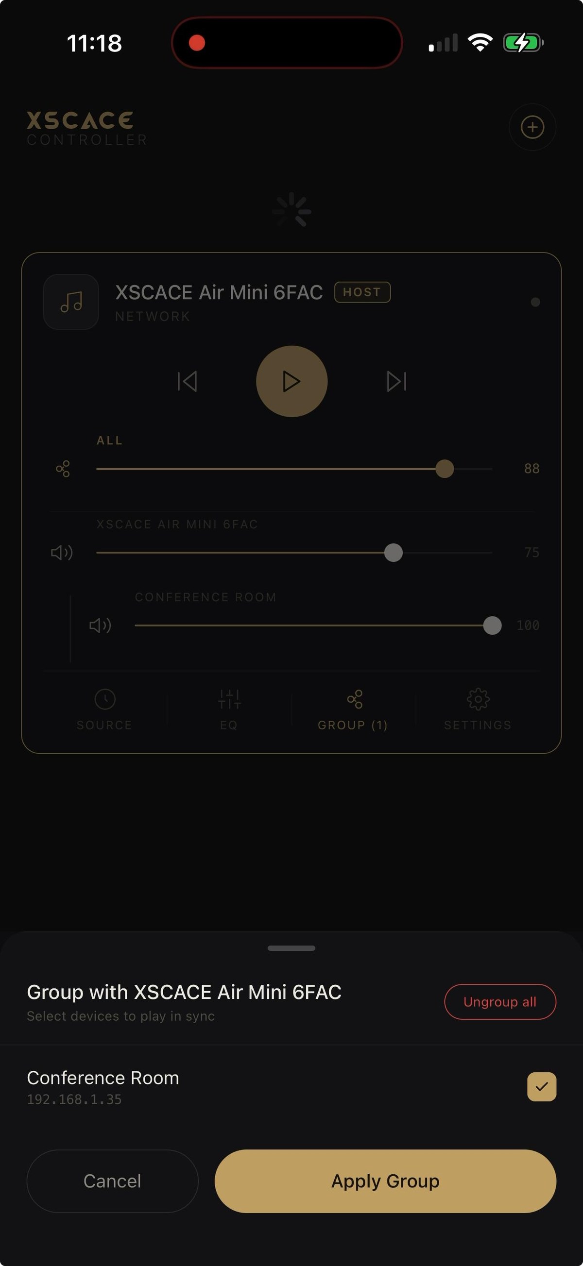 Device grouping sheet in XSCACE Controller selecting a second device to play in sync, with master and per-device volume sliders