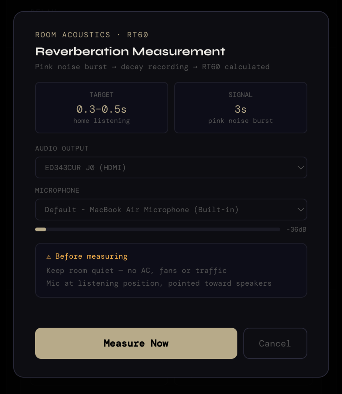 RT60 reverberation measurement dialog in XSCACE Studio showing a 0.3 to 0.5 second target and a 3 second pink noise burst