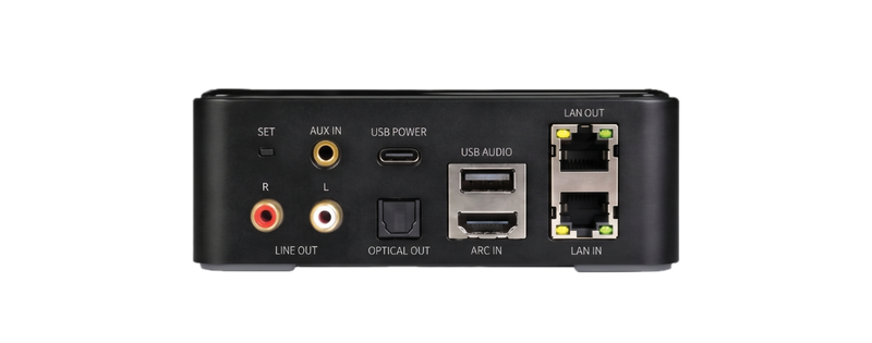 Rear panel connections on an XSCACE Air Mini streaming amplifier