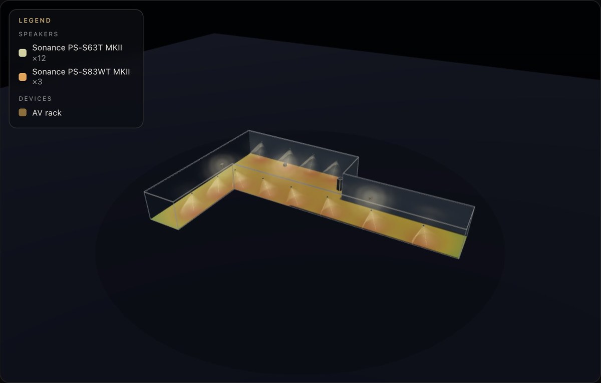 3D render of the L-shaped F1 Drive lobby with twelve pendant speakers and three subwoofers along its two arms