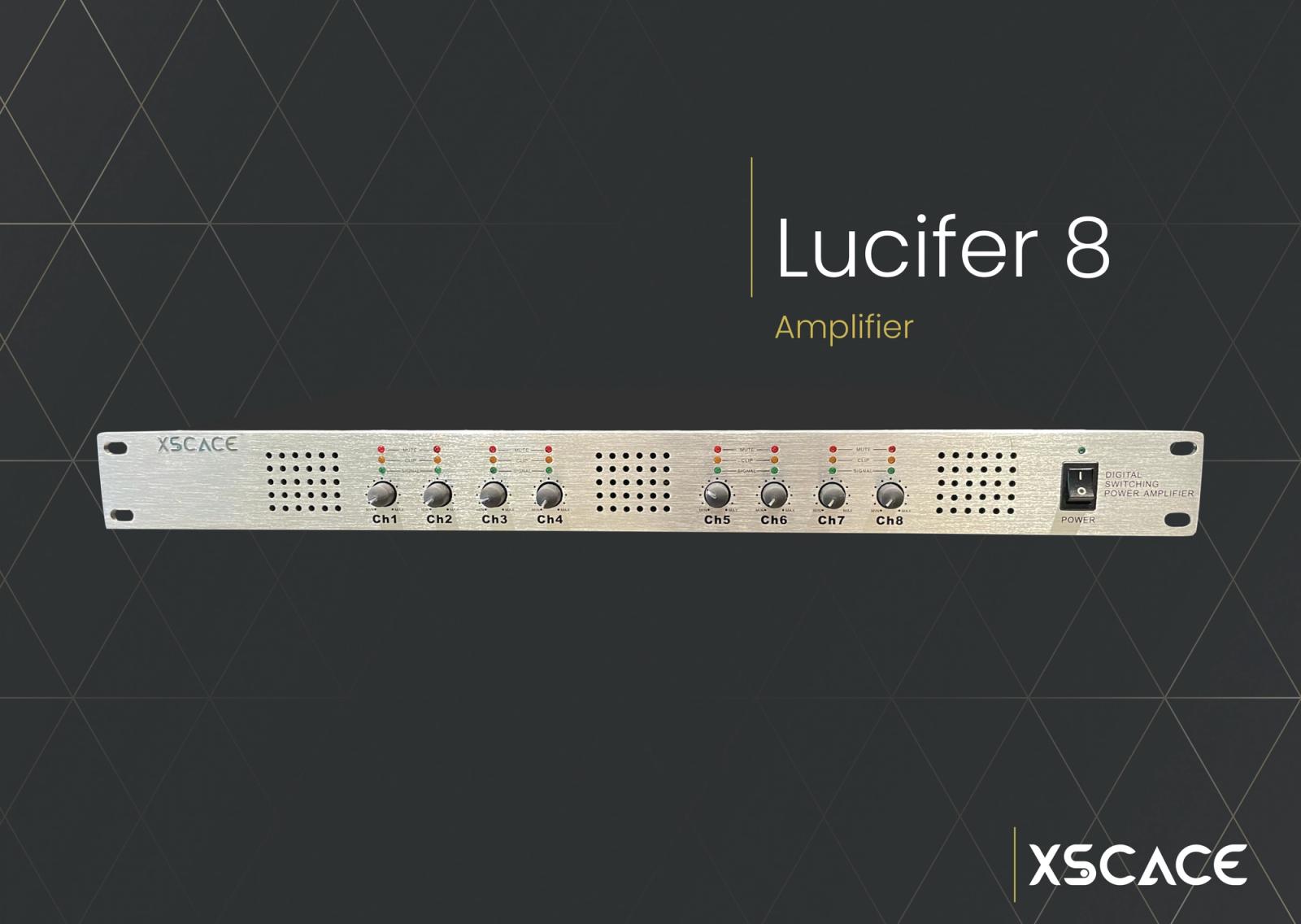 A product banner showing the XSCACE Lucifer-8 digital switching amplifier centered against a premium dark geometric backdrop with gold accents, highlighting luxury commercial audio distribution hardware.