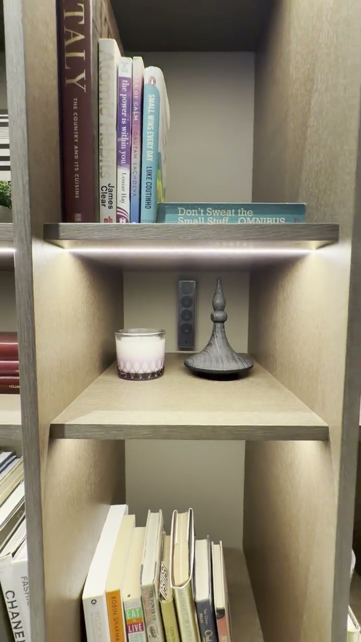 A Cane slim array speaker in a lit bookcase niche beside a candle and a decorative finial, surrounded by books