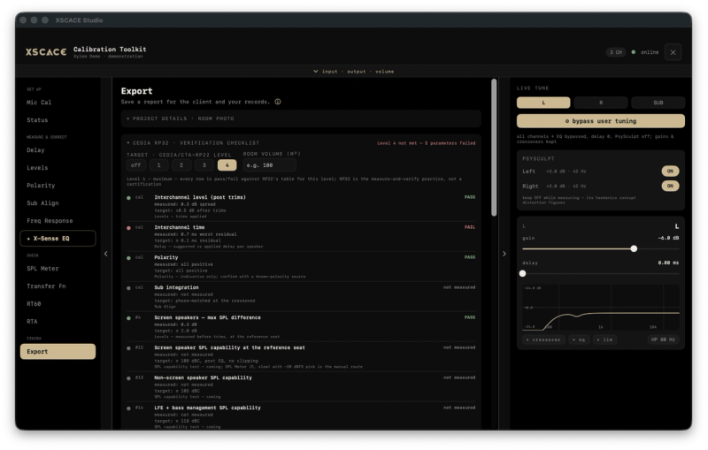 The CEDIA RP32 verification checklist in XSCACE Studio, showing each RP22 parameter marked pass, fail or not measured against the selected performance level