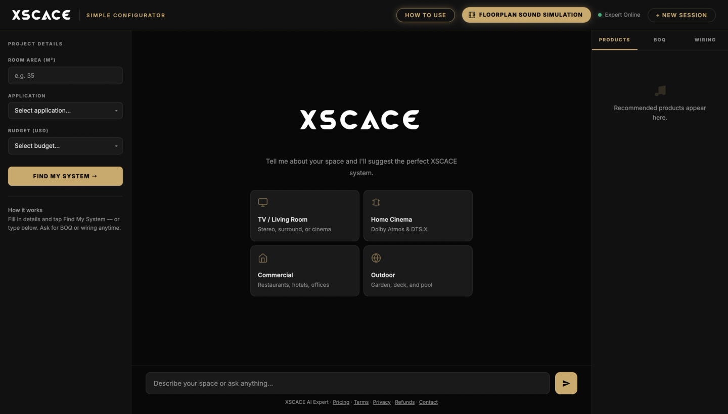 The XSCACE Simple Configurator: project details and budget on the left, four starting points for TV, home cinema, commercial and outdoor rooms, and a chat box to describe the space