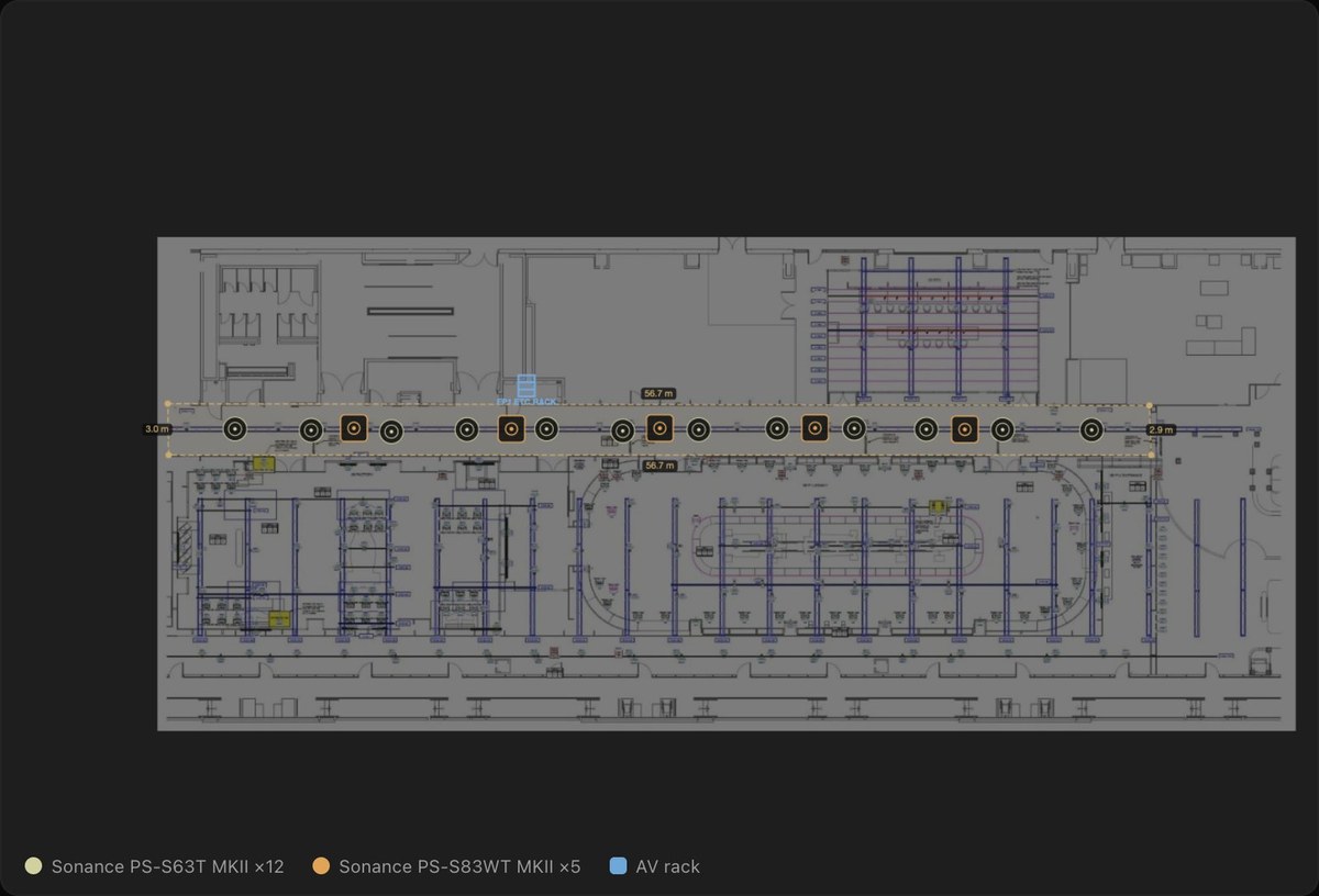 Floor plan of the R&B hallway, a 57-metre corridor with twelve pendant speakers and five pendant subwoofers evenly spaced along it