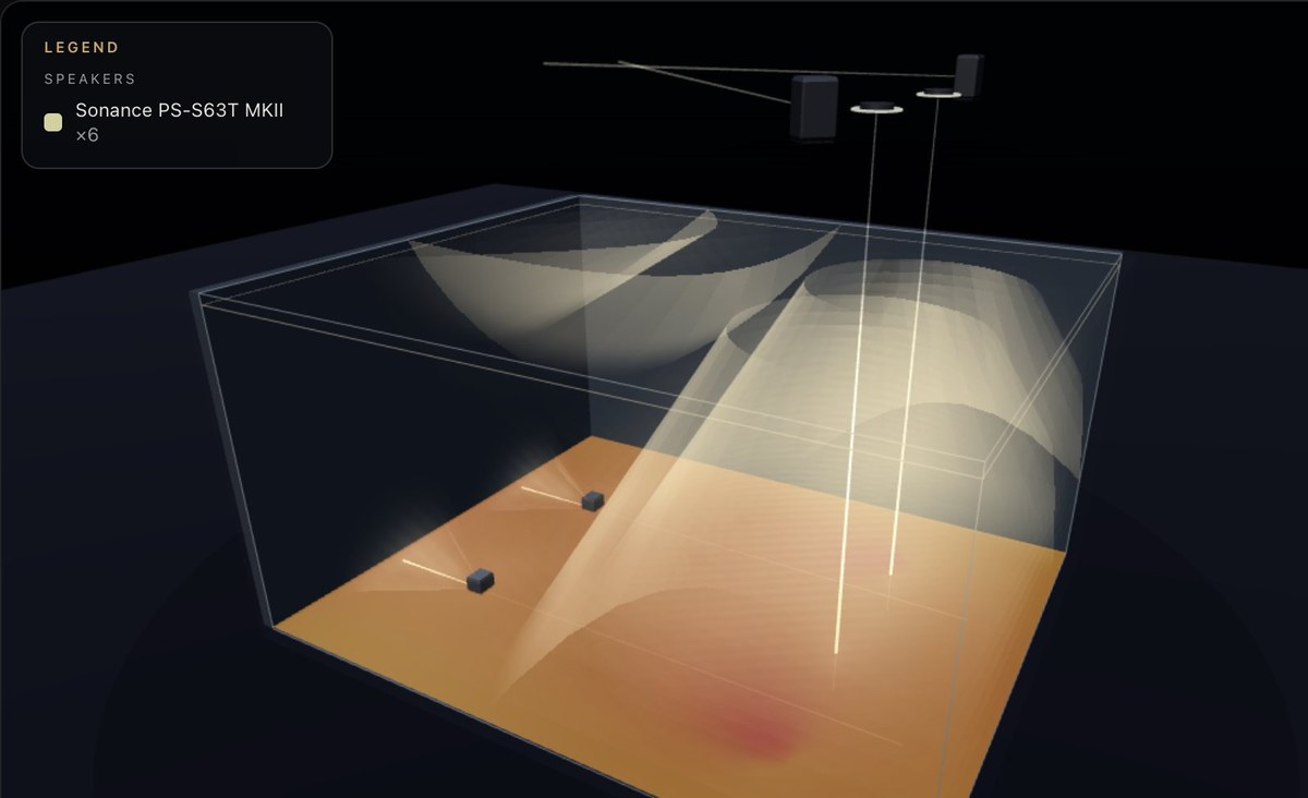 3D render of the Pit Wall experience room with six speakers, two in the ceiling and four on the walls, and coverage on the floor