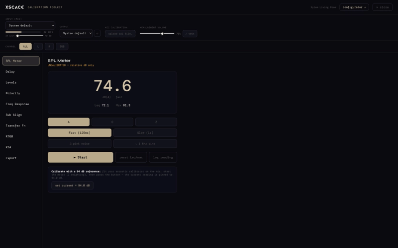 SPL meter instrument in the XSCACE Studio calibration toolkit