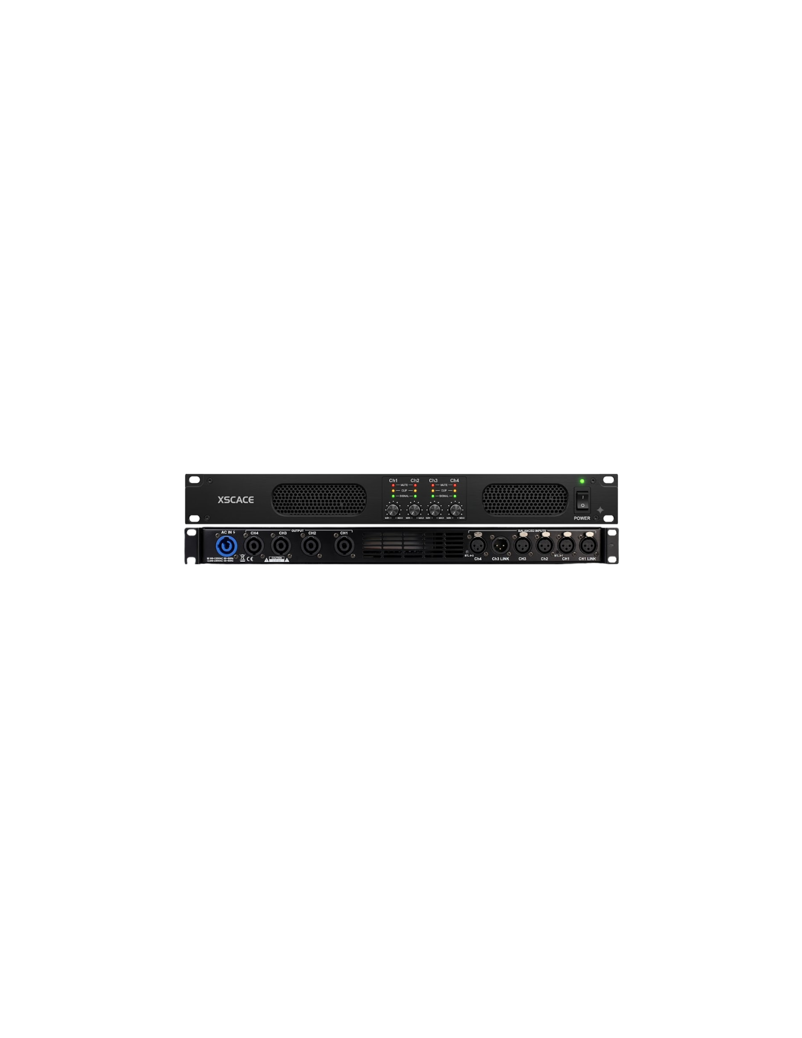 A product banner showing the XSCACE Lucifer-4 digital switching amplifier centered against a premium dark geometric backdrop with gold accents, highlighting luxury commercial audio distribution hardware.