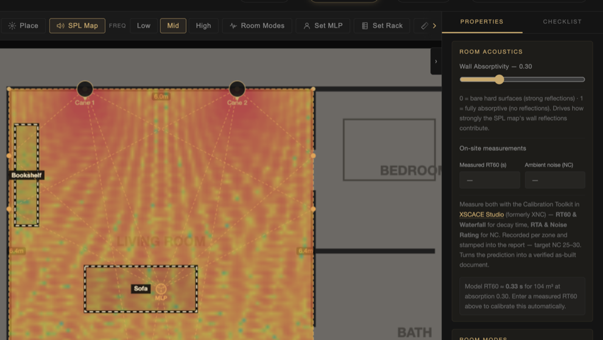 Per-wall acoustics in the XSCACE Floorplan Sound Simulation — the Room Acoustics panel with wall absorptivity set independently, and reflection rays drawn across the traced plan