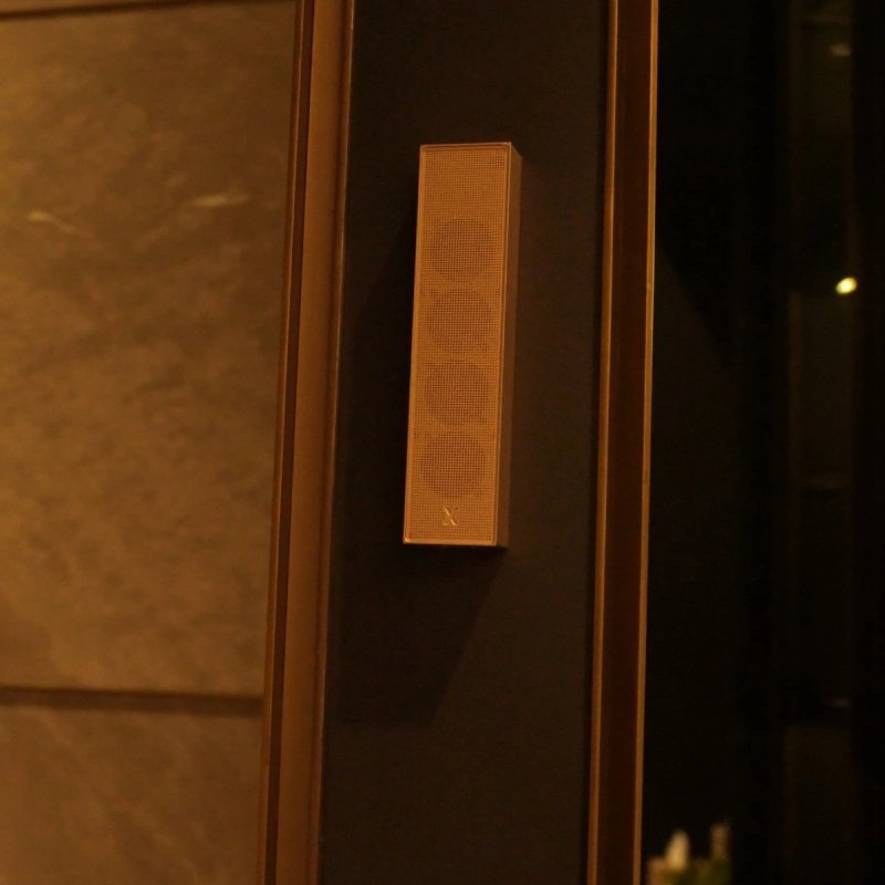 XSCACE Cane speaker mounted on an oak door jamb beside a full-height glass pocket door
