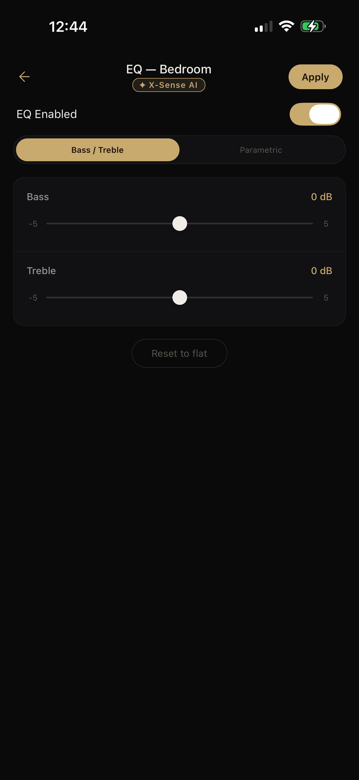 Bass and Treble EQ view in XSCACE Controller with plus or minus 5dB range and a reset to flat control