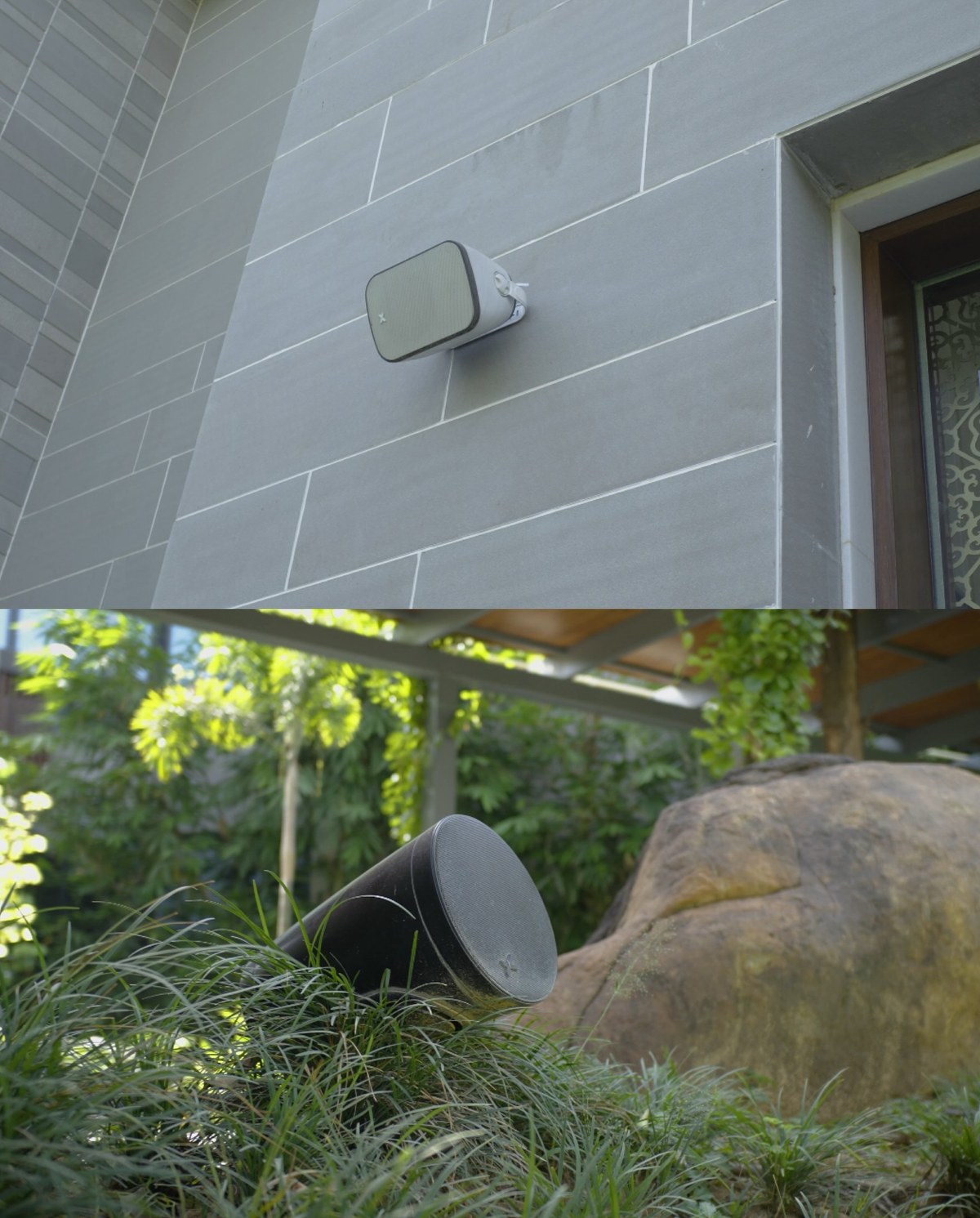 XSCACE Camphor outdoor speaker on a stone facade wall and Spirea landscape rock speaker among garden planting