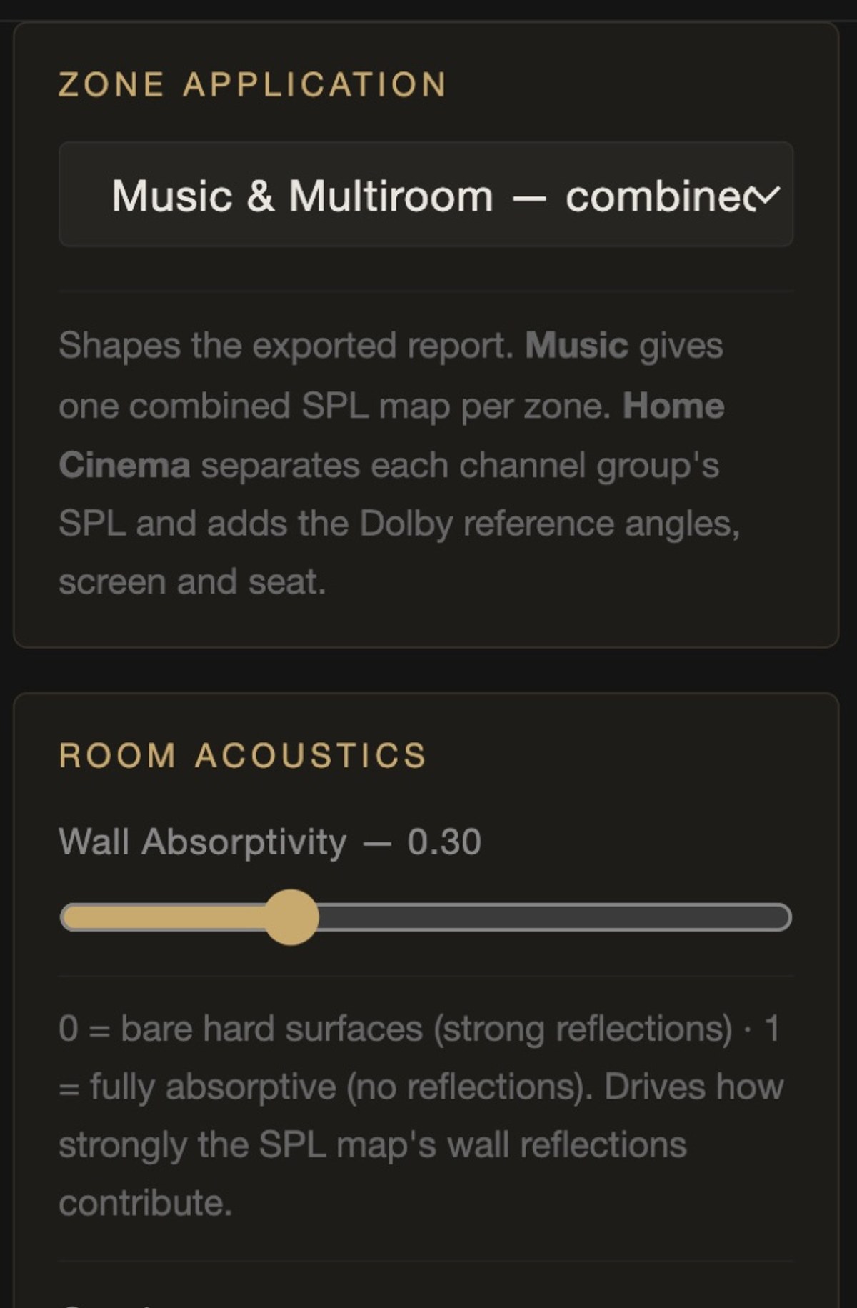 Zone application setting — tagging a zone as Music & Multiroom or Home Cinema, the choice that reshapes the exported client report