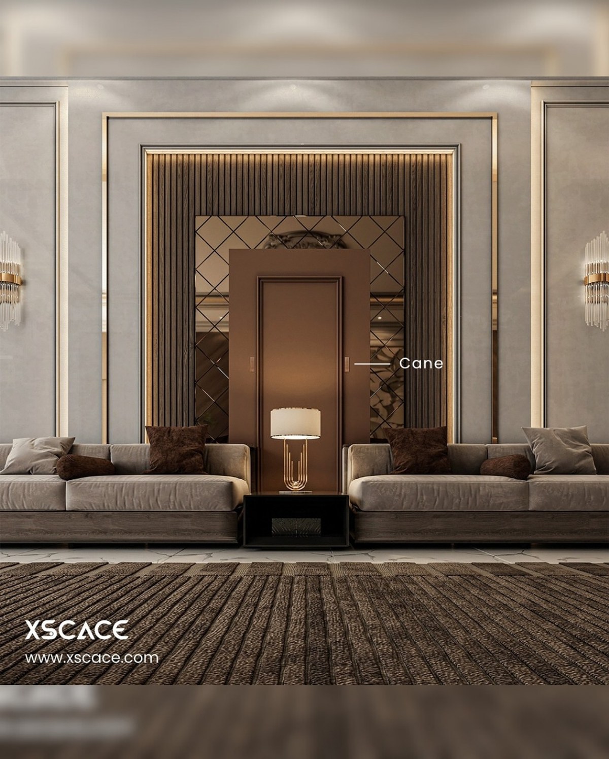 Formal lobby seating area with a mirrored doorway and an XSCACE Cane speaker embedded into the wall panel