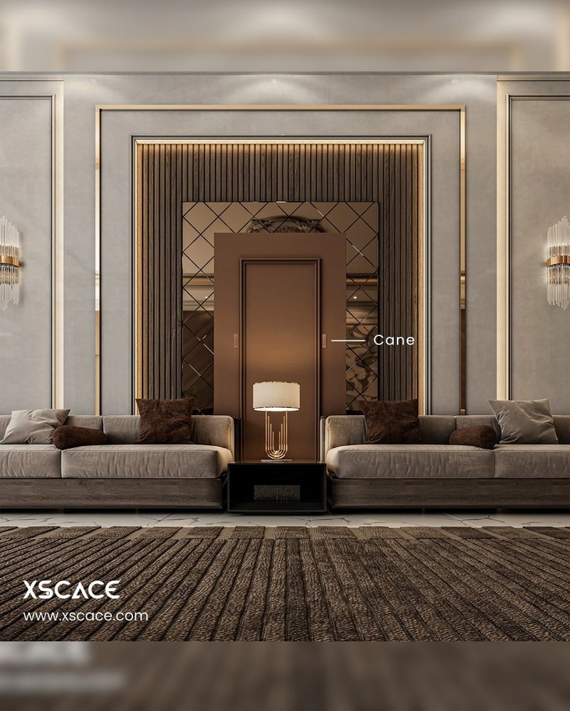 Formal lobby seating area with a mirrored doorway and an XSCACE Cane speaker embedded into the wall panel