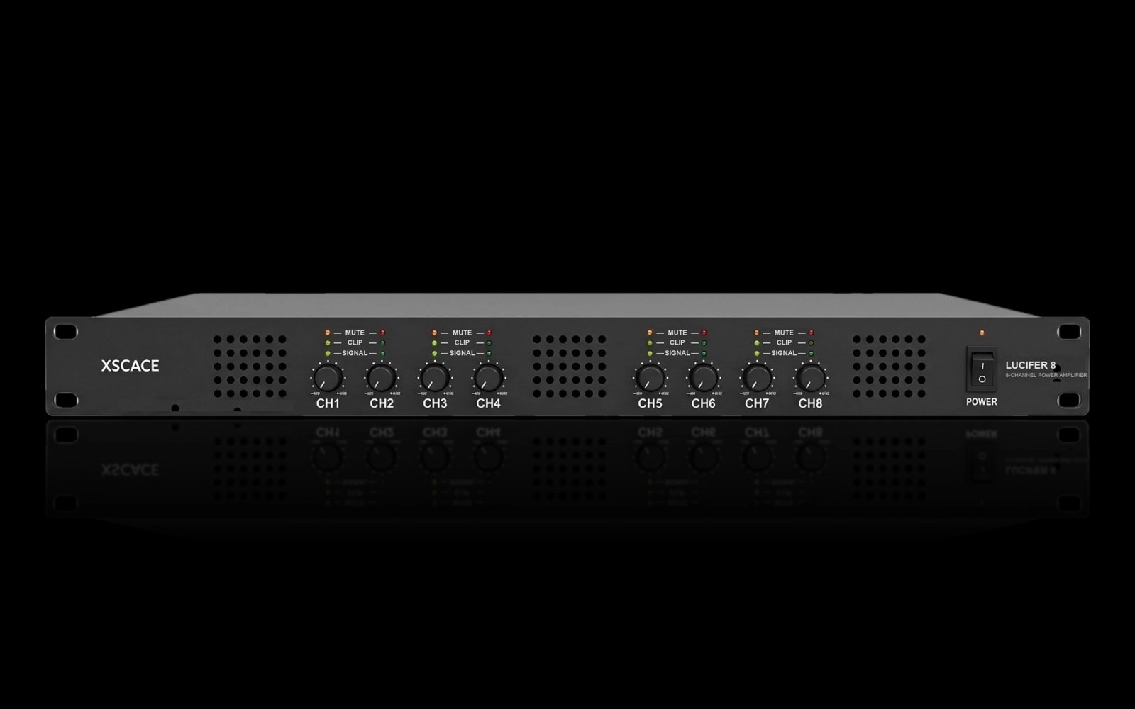 XSCACE Lucifer 8 eight-channel power amplifier front panel