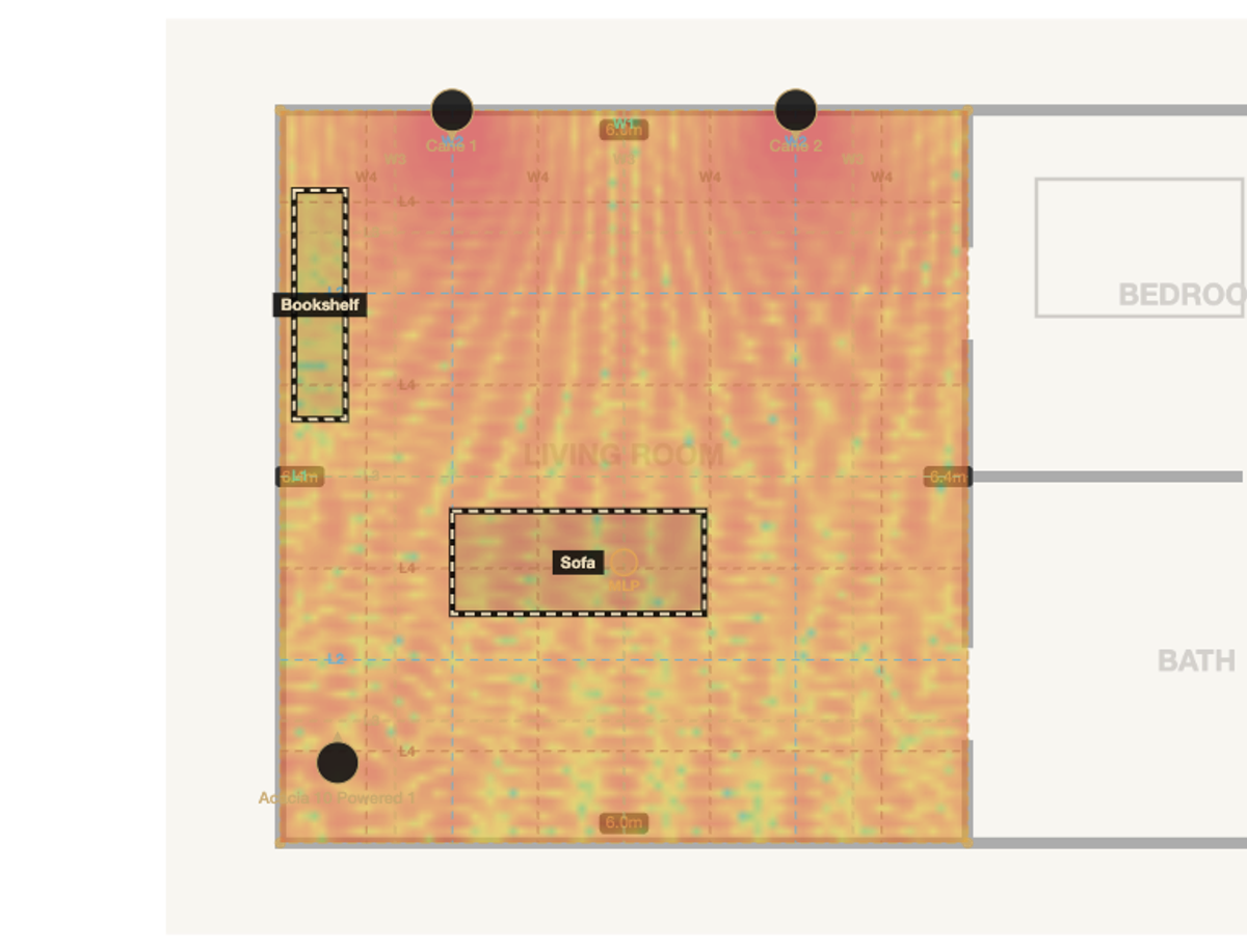 Room modes overlay showing axial mode node lines drawn across a living room floor plan