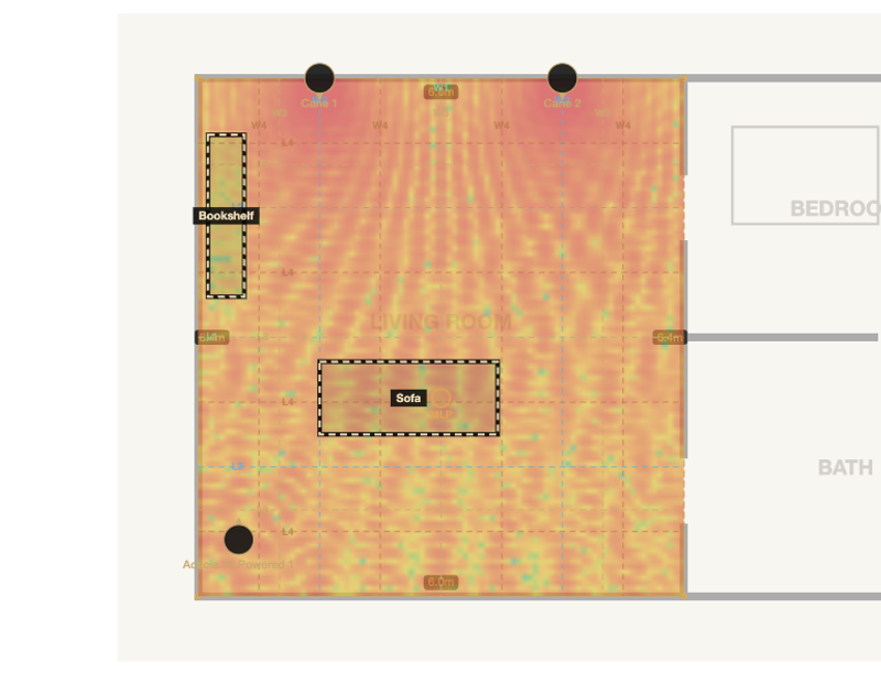Room mode node lines drawn across a living room floor plan, showing where a listening position should and should not sit