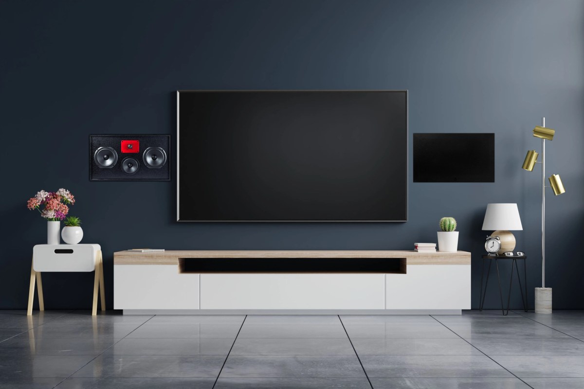 XSCACE Willow in-wall home cinema speaker installed behind an acoustic finish