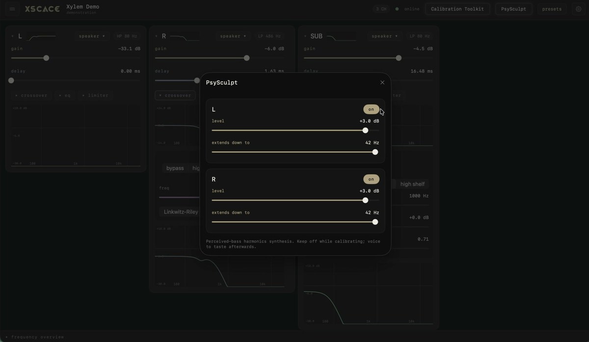 The PsySculpt panel in XSCACE Studio, with per-side level and extension controls for left and right channels