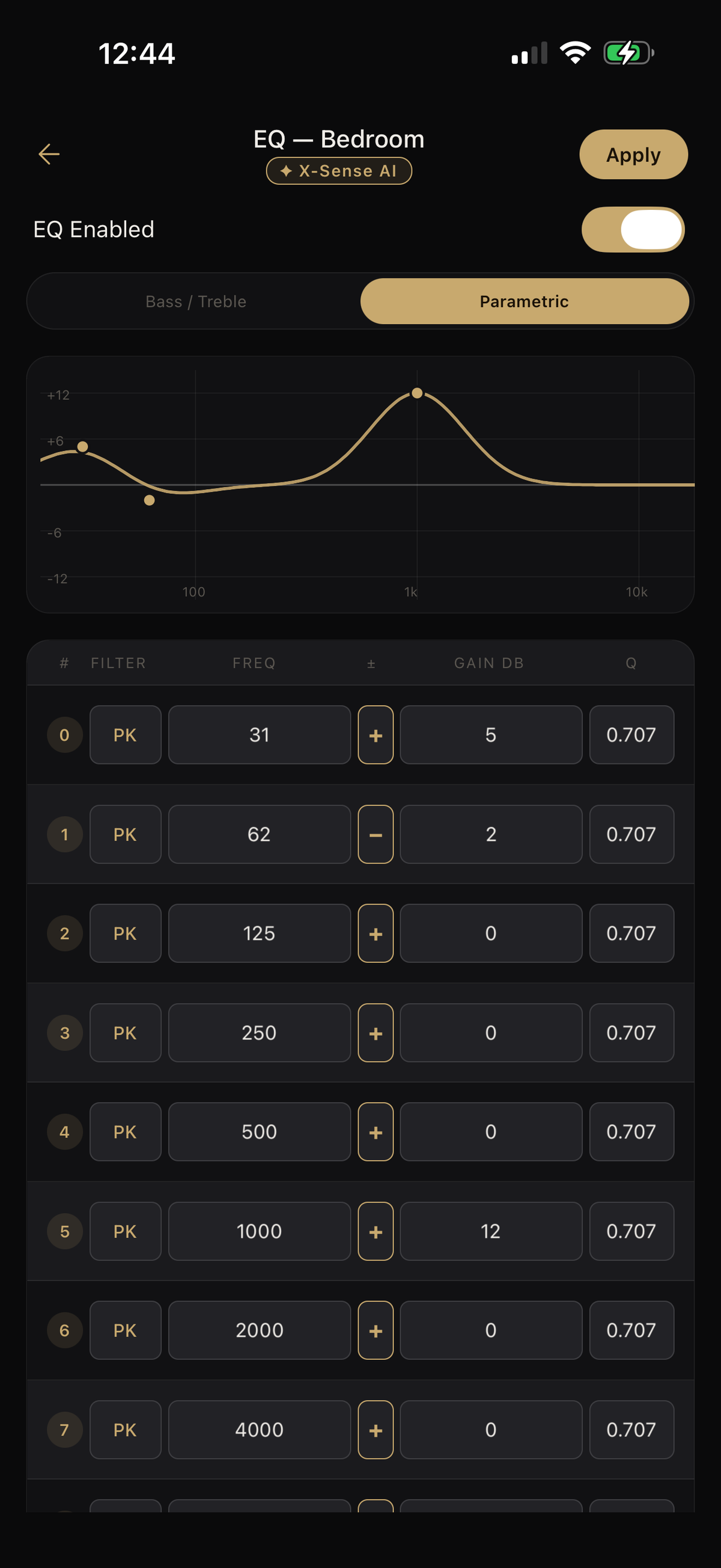 Ten-band parametric EQ in XSCACE Controller showing filter frequency, gain and Q values with a live response curve