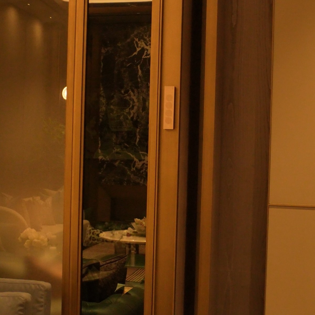 XSCACE Cane speaker mounted on an oak door jamb beside a full-height glass pocket door