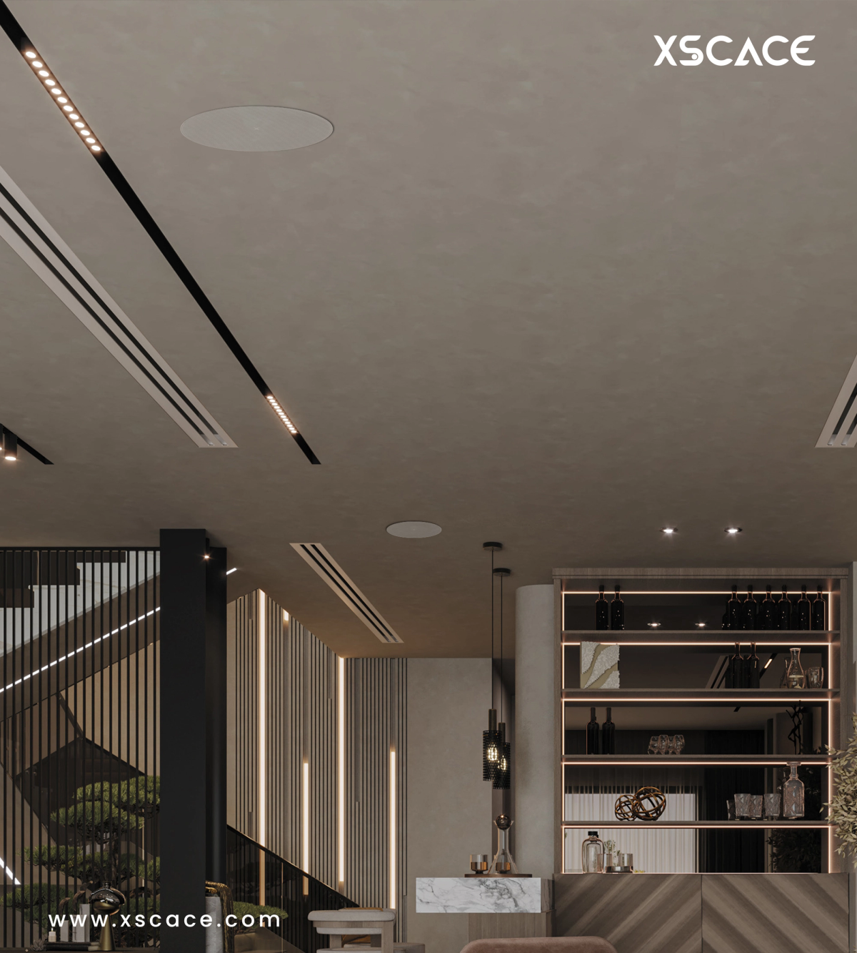 XSCACE Aster 6 LCR in-ceiling speaker installed in a home theater, powered by PsySculpt™ DSP room correction