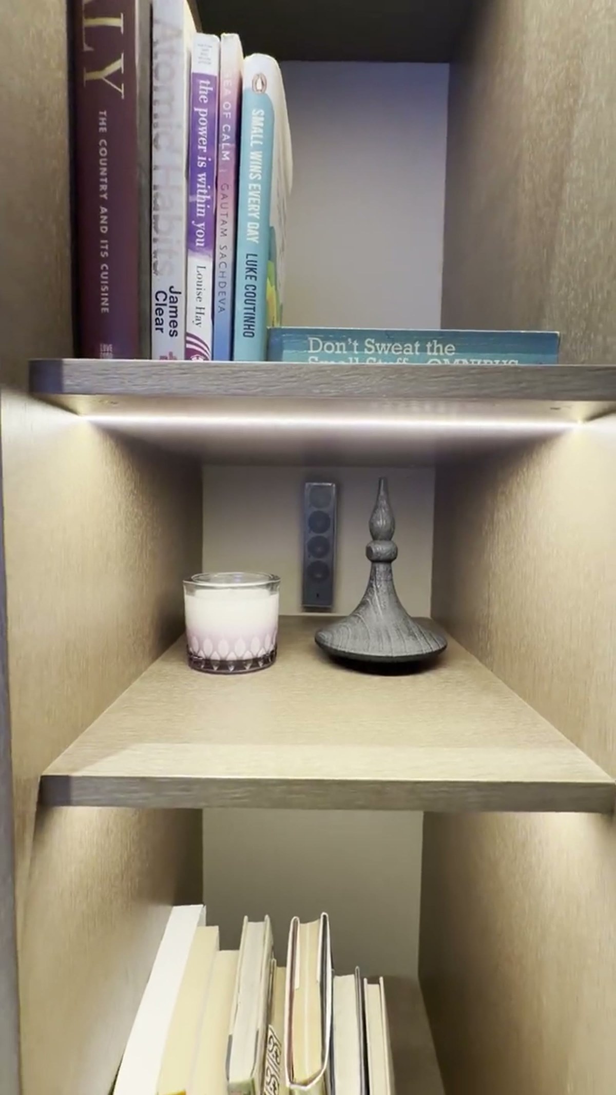 A Cane slim array speaker in a lit bookcase niche beside a candle and a decorative finial, surrounded by books