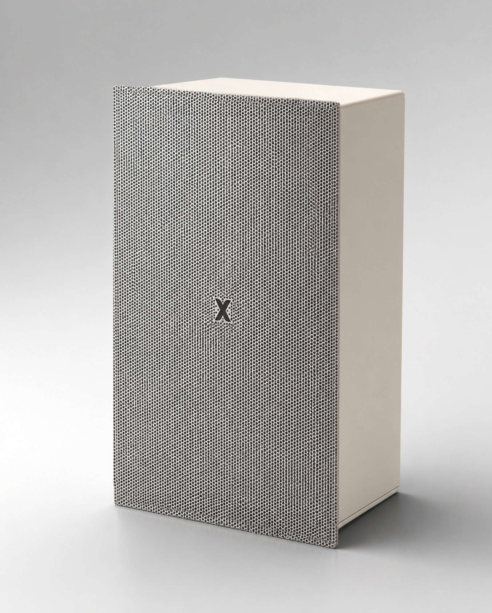 Isometric three-quarter view of the XSCACE Acacia 10 in wall passive white architectural in-wall speaker featuring a minimalist rectangular frame and textured acoustic fabric grille.