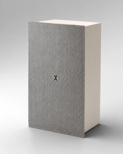 Isometric three-quarter view of the XSCACE Acacia 10 in wall passive white architectural in-wall speaker featuring a minimalist rectangular frame and textured acoustic fabric grille.