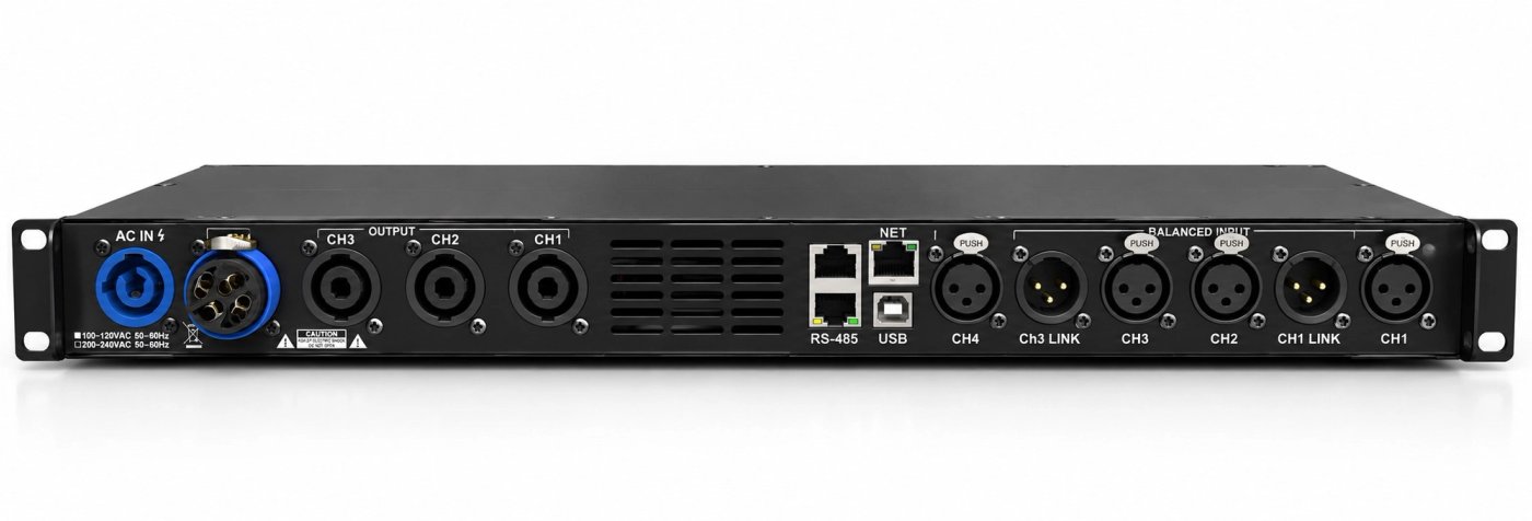 XSCACE Root 4 rear panel: powerCON inlet, Speakon outputs, network, USB and balanced XLR inputs