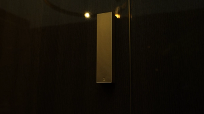 Close-up detail of the XSCACE Cane SlimArray column speaker in a luxury champagne finish, showcasing its precise micro-perforated grill pattern and minimalist design flush-mounted to a rich wood wall panel.