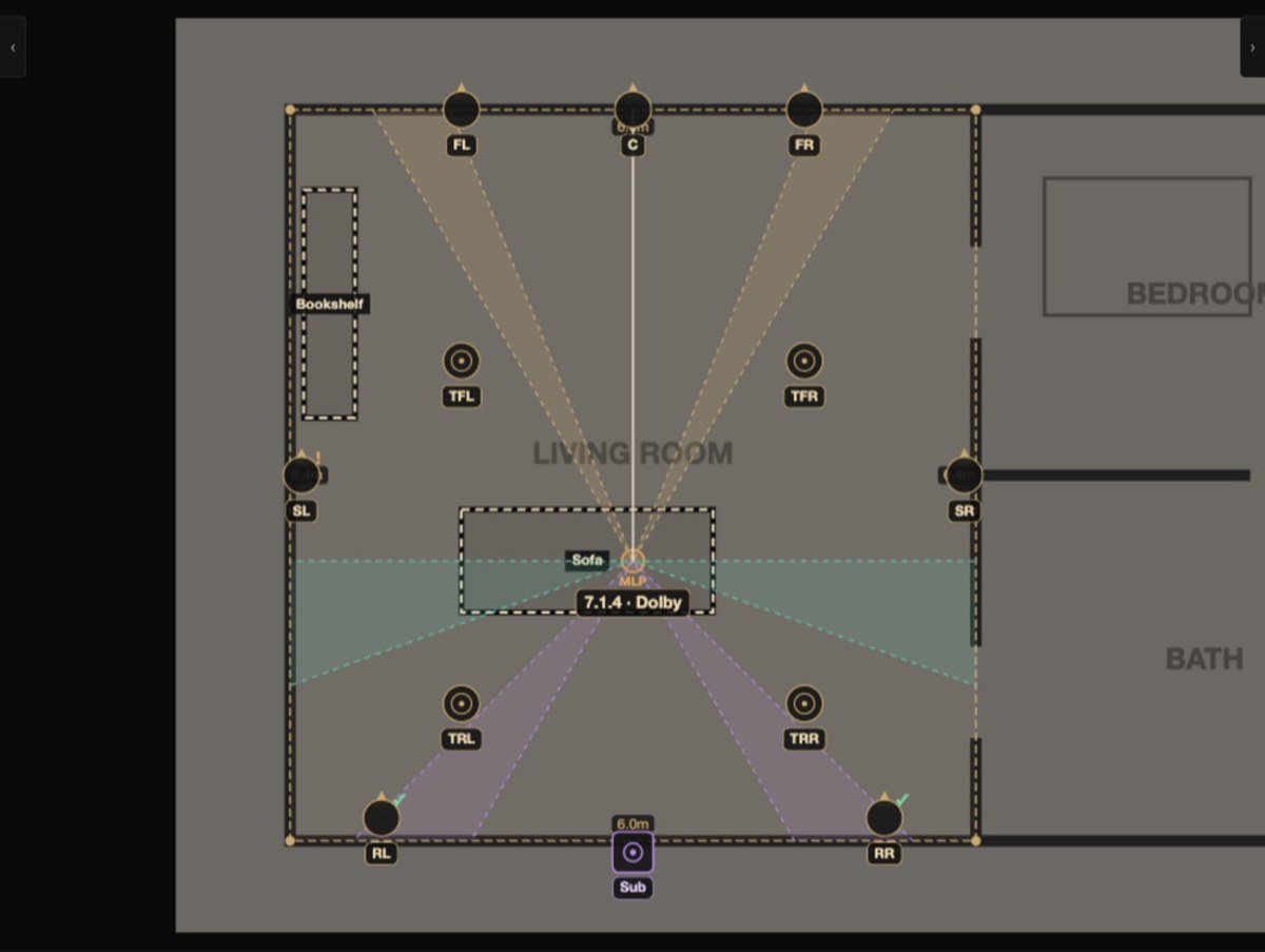 A 7.1.4 home-cinema layout on a floor plan with Dolby reference angle wedges drawn from the seat to each speaker