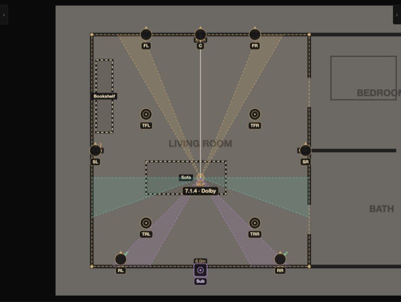 Dolby reference angle wedges overlaid on a home cinema plan in XSCACE Floorplan Sound Simulation