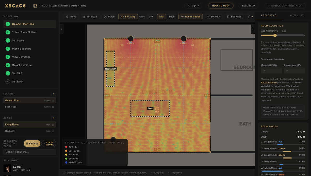 Room mode analysis showing axial resonances calculated from the traced room geometry, with boom and null indicated at the listening position