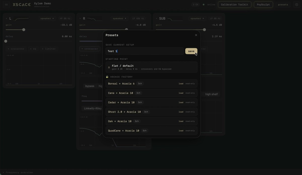 The preset library in XSCACE Studio listing read-only factory presets for XSCACE speaker and subwoofer pairings