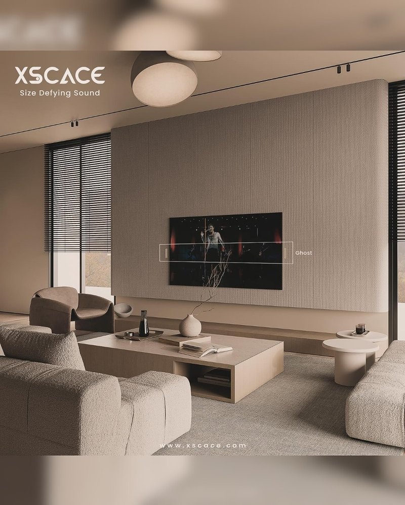 Contemporary living room with a textured TV wall and an XSCACE Ghost speaker integrated flush beside the screen