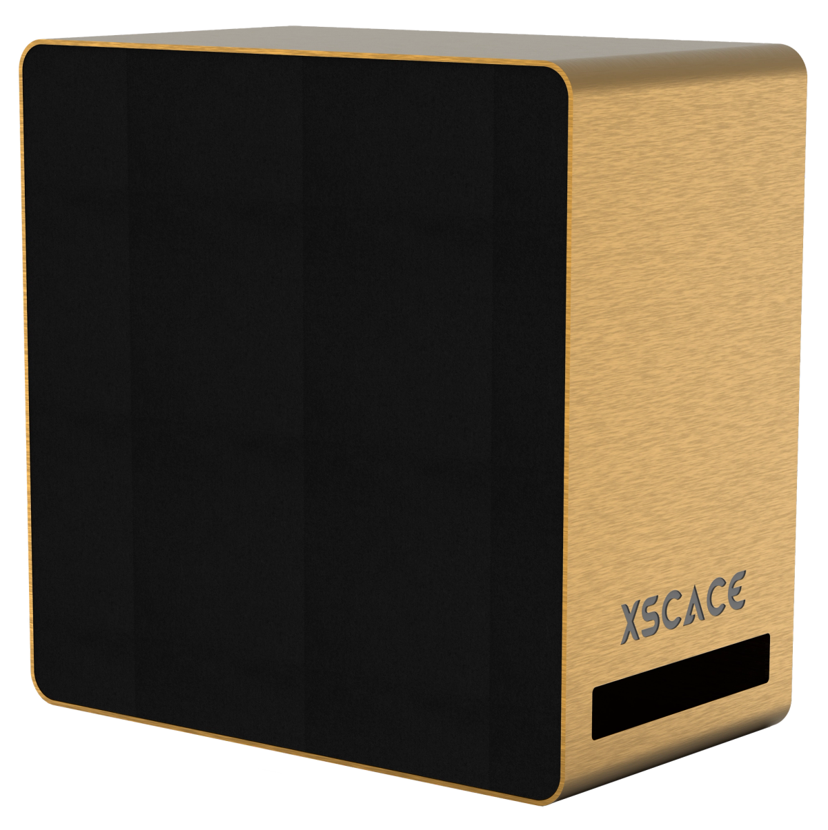 The XSCACE Acacia 10 Powered subwoofer in champagne brushed aluminium with a black grille and a front port slot