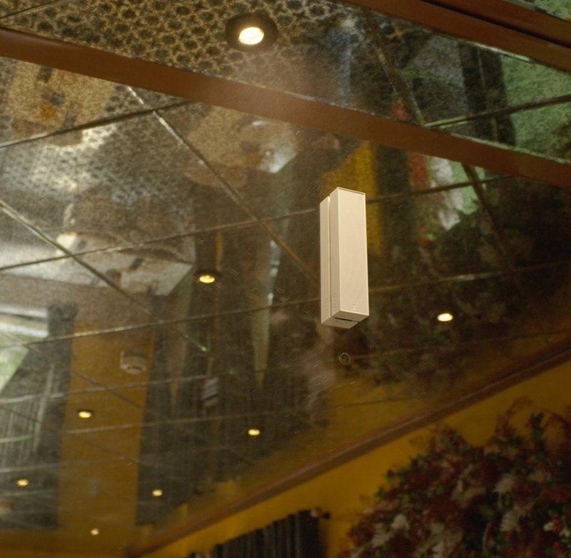 XSCACE Cane speaker flush-mounted on a mirrored mosaic-tile bar ceiling