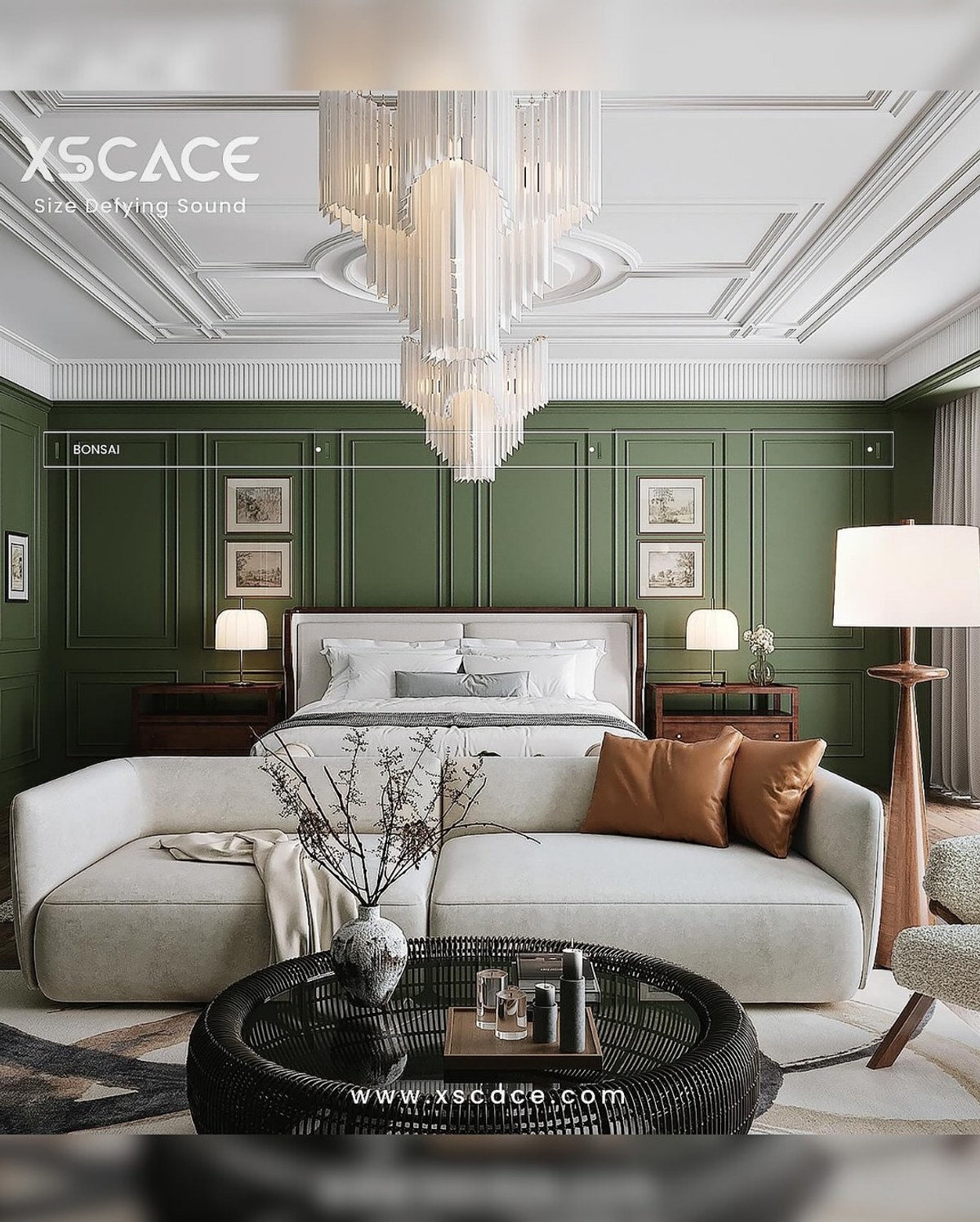 Master bedroom with green wall panelling, crystal chandelier and an XSCACE Bonsai speaker mounted above the headboard