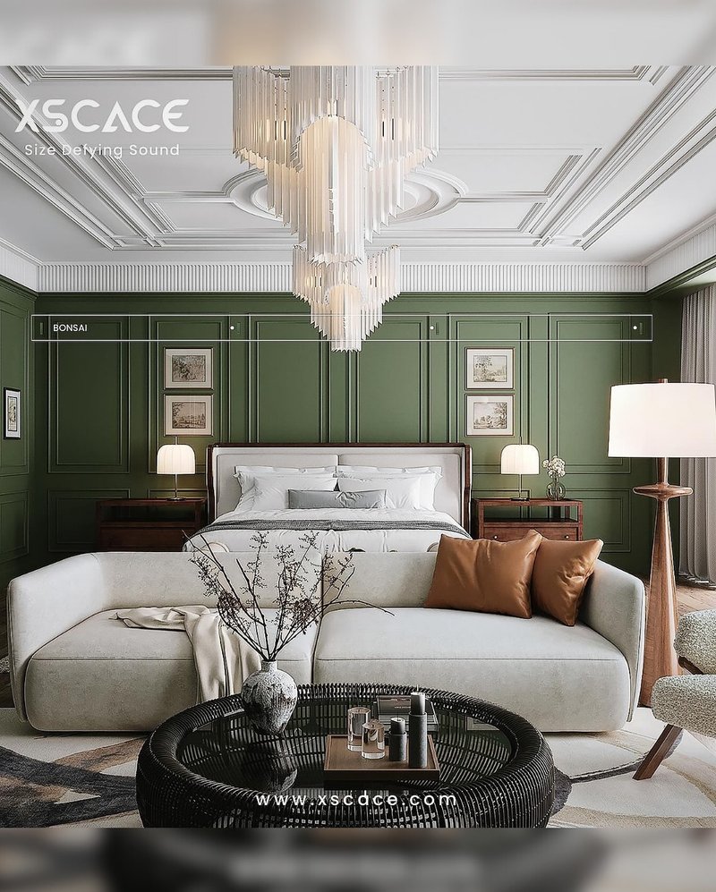 Master bedroom with green wall panelling, crystal chandelier and an XSCACE Bonsai speaker mounted above the headboard