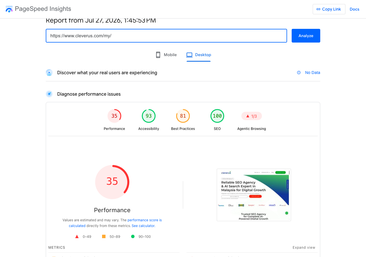 Before — WordPress site, desktop test: performance 35 (27 July 2026)