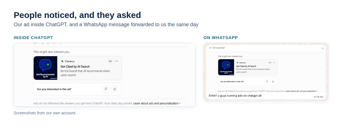 Two screenshots side by side: a labelled ad shown inside a ChatGPT answer, and a forwarded WhatsApp message reading you guys running ads on chatgpt?